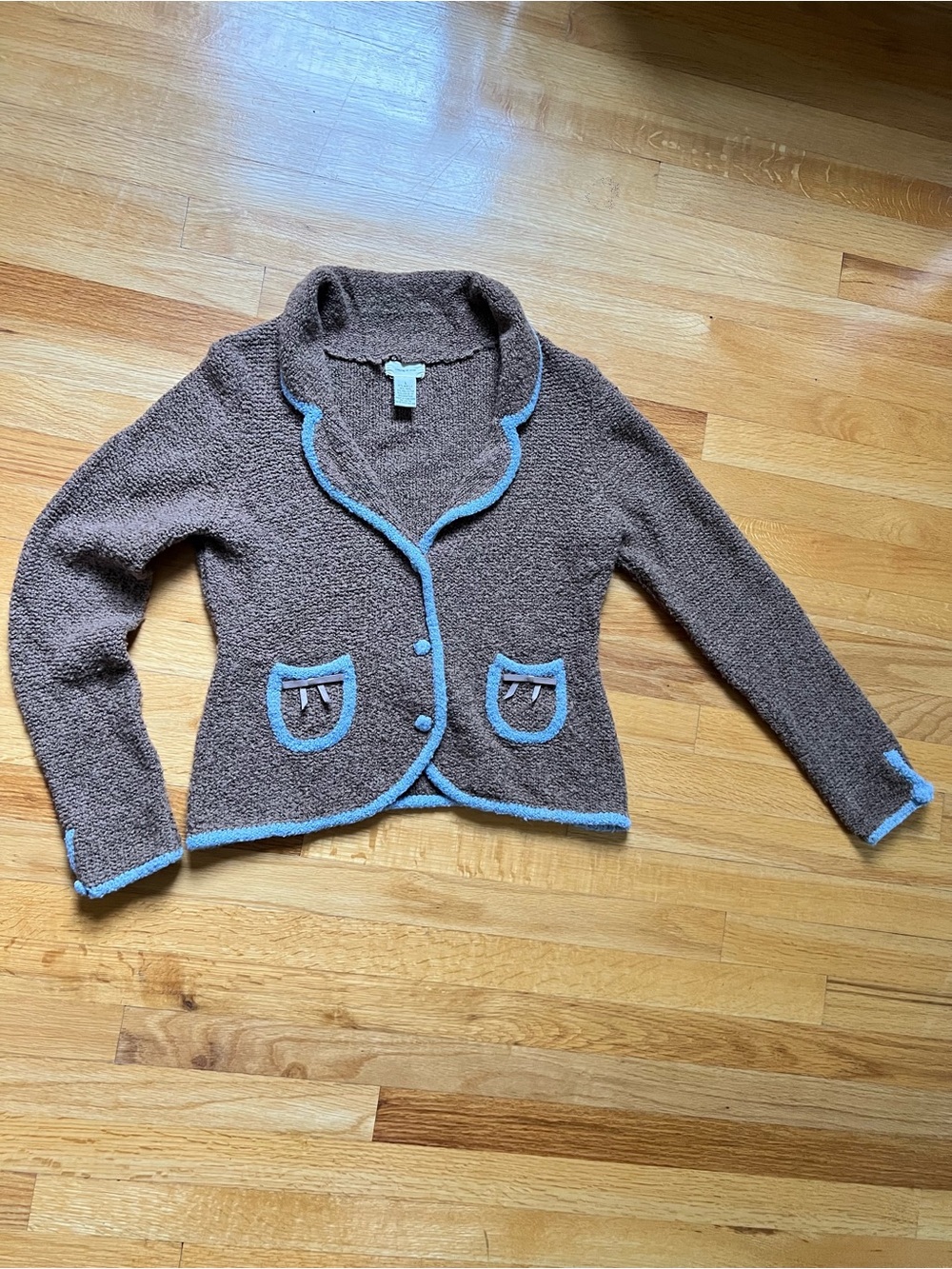 Anthropologie SLEEPING ON SNOW Taupe with Blue piping wool blend Cardigan